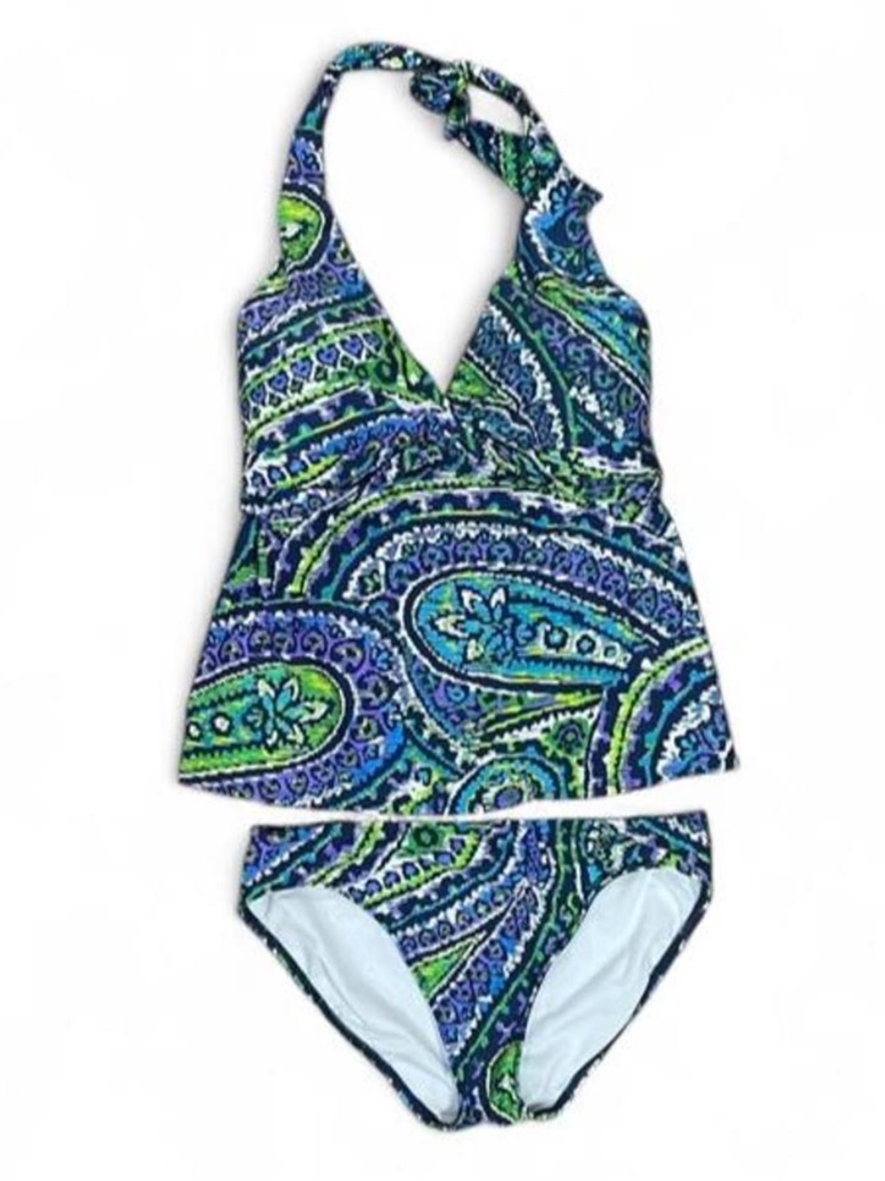 Ralph Lauren Swimsuit Matching Tankini Top Bikini Bottoms Sz 8 Blue Green Halter